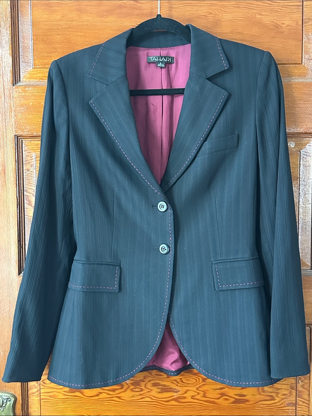 Tahari Navy Black Pinstripe Blazer with Fuschia Lining